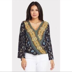 NWT Evereve Allison Joy Boho Faux Wrap Top | Black Yellow Blue | SZ XS